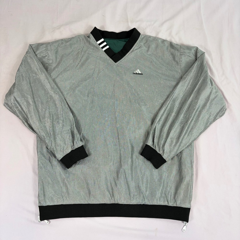 Adidas Mens XL Reversible V‎ Neck Windbreaker Grey Green Vintage 90s Back Logo